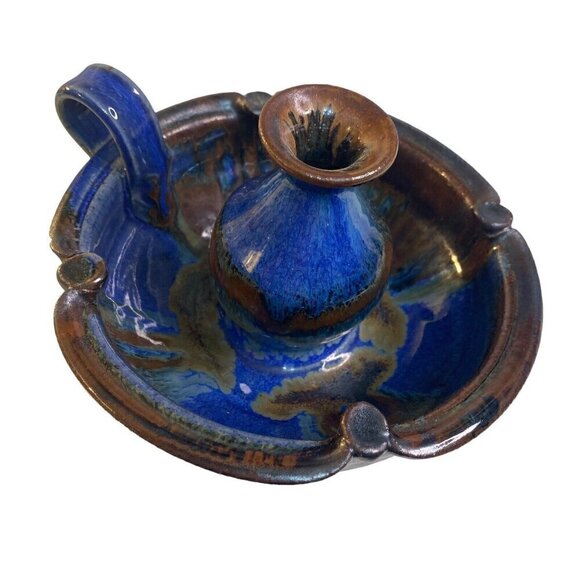 Art Pottery Oil Lamp Signed rustic Blue & Brown Drip Glaze - Picture 1 of 7